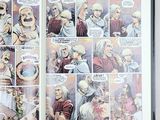 a comic book open to a page with a picture of a group of people in it