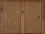 an image of a wooden frame with two doors and a cork board