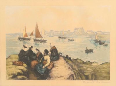 un tableau représentant un groupe de personnes assises sur un rocher au bord de l'eau