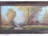 une peinture à l'huile représentant un homme promenant son chien dans un espace boisé