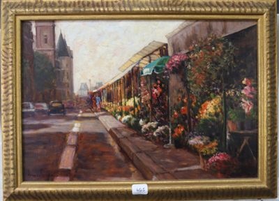 un tableau représentant une scène de rue avec des fleurs exposées