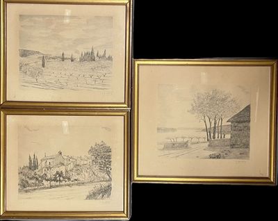 trois dessins encadrés représentant une scène de vie à la ferme avec une grange au loin