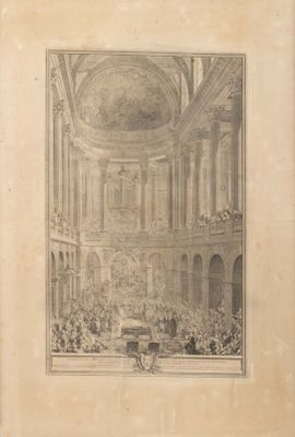 une vieille photo représentant un dessin d'une grande pièce où se trouvent des personnes