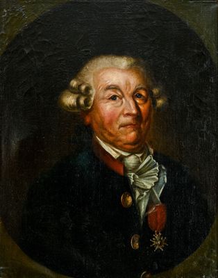un vieux tableau représentant un homme vêtu d'un manteau noir, avec une médaille autour du cou