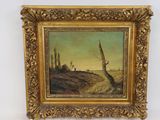 un tableau représentant un paysage avec des arbres et un homme sur une colline