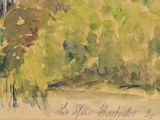 a watercolor painting of trees and bushes in a field