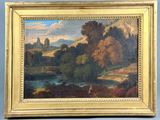 an oil painting of a landscape with a river and trees