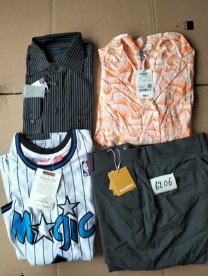 three men ' s shirts on a cardboard box with a price tag