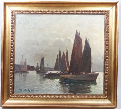 une peinture à l'huile représentant des bateaux dans un port avec des bâtiments à l'arrière-plan