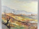 an oil painting of a landscape with a tree in the foreground