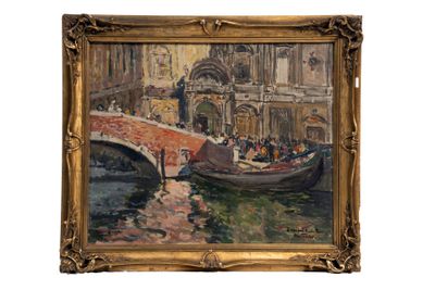 une peinture à l'huile représentant une gondole sur une rivière, avec un pont en arrière-plan