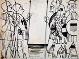 a drawing of a group of men with spears and shields