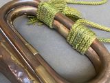 a brass instrument with a green string on it