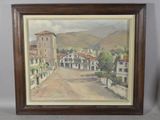 painting of a town street with buildings and a clock tower in the background