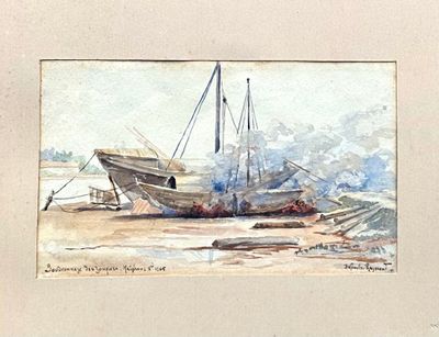une image d'un tableau représentant un bateau sur la plage