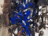 an abstract painting of a blue flower on a white background