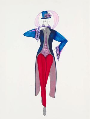 dessin représentant une femme en costume, coiffée d'un haut-de-forme