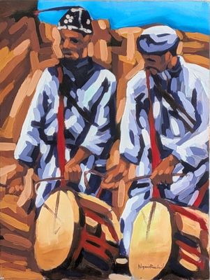 tableau représentant deux percussionnistes jouant du tambour dans un décor désertique