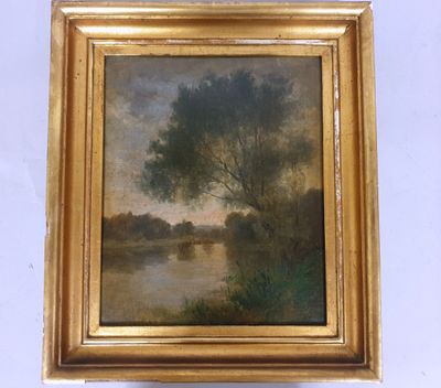 an oil painting of a river scene with a tree in the foreground