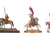 trois figurines représentant des chevaliers à cheval, munis de lances et de boucliers