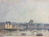 un tableau représentant des bateaux sur l'eau près d'une ville