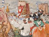 a painting of a group of people standing in front of a painting easel