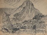 un dessin en noir et blanc représentant une montagne surmontée d'un oiseau