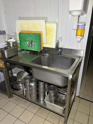 a kitchen with a sink and a lot of pots and pans on it