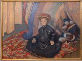 un tableau représentant une femme assise sur un tapis dans une pièce