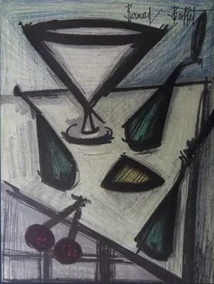 dessin représentant une table sur laquelle se trouvent un vase et d'autres objets