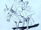 drawing of a man riding a donkey with a woman on his back