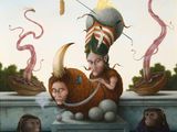 an image of a painting of a man with a hat on top of a cow