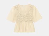 a white blouse with a crochet pattern on the shoulders