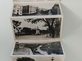 several old black and white photos of a building and a fountain