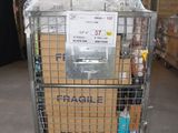 a metal cart with a sign on it in a warehouse