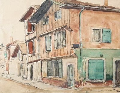a watercolor painting of a building on the street