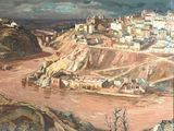 a painting of a view of a city from a hill