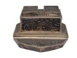 a metal box with writing on it on a white background