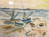 a watercolor painting of boats on the beach