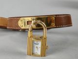 a small gold padlock on a brown leather belt