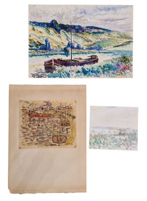 trois tableaux représentant des bateaux sont exposés sur une surface blanche