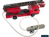 a toy fire truck with a hose attached to it