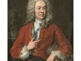 portrait of a man in a red coat with a blue tie