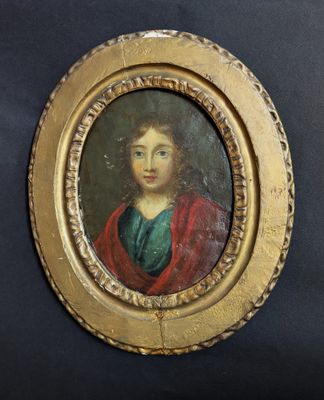 an old painting of a woman in a red cloak is hanging on a wall