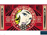 painting of a woman ' s face on a red background with words make art not war
