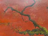 an image of a painting of a bird on a branch on a red background