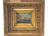 a painting of a ship in a gold frame on a white background