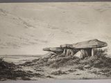 dessin représentant un Stonehenge situé sur une colline surplombant un plan d'eau