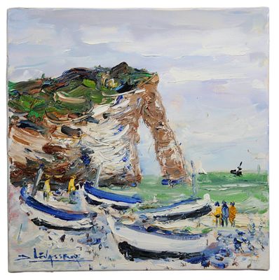 tableau représentant des bateaux sur une plage, avec une falaise en arrière-plan
