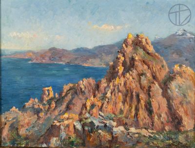 an oil painting of a rocky cliff with a body of water in the background
